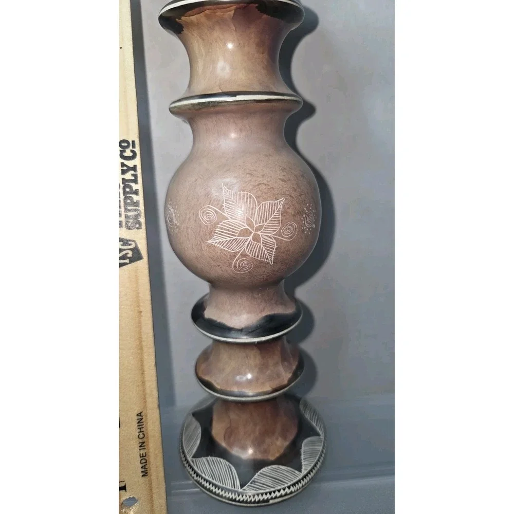 Vintage Hand Painted African Style Stone Candle Holders Set of 2 Kenya Brown